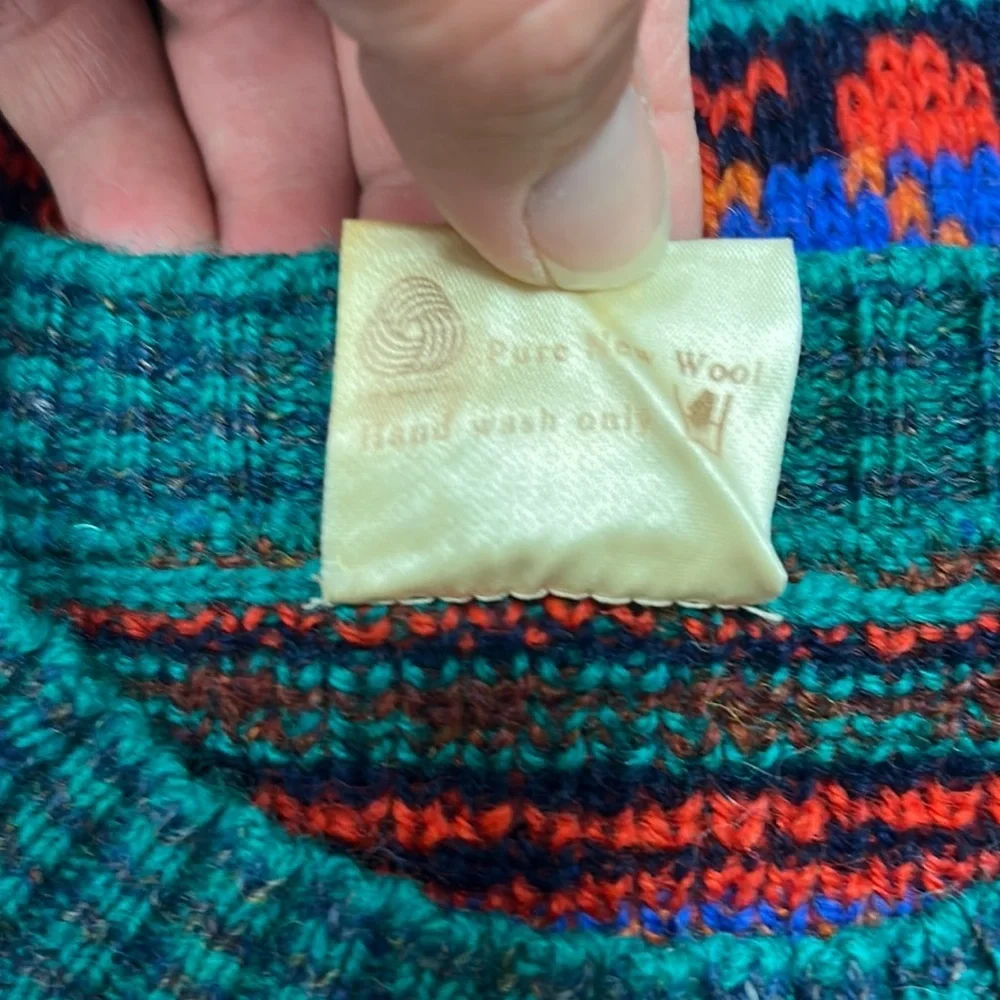 Vintage‎ Wendy Lawrence Welsh Wool Sweater Hand Knit Bright Colors Fair Isle S-L